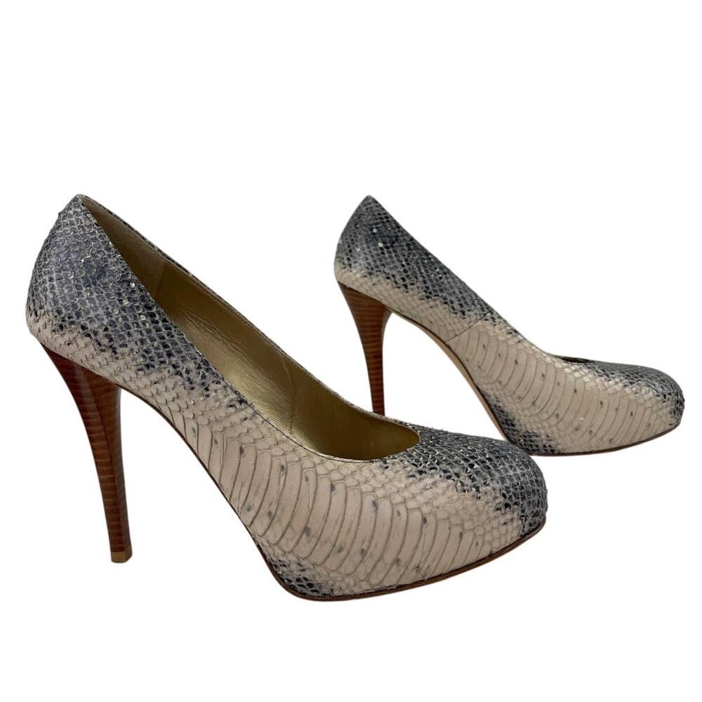 Stuart Weitzman Rowin Snake Leather Platform Wood Heel Pumps Round Toe Size 9.5